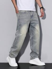 Manfinity Homme Men's Straight Loose Fit Casual Pockets Jeans, Versatile - Light Wash - View 4