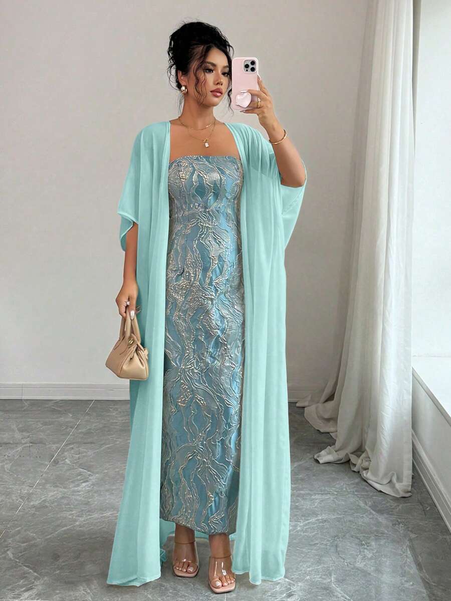 Elenzga Áo choàng thanh lịch màu xanh dương kèm khăn choàng rời, thích hợp cho mùa xuân/hè. - Màu xanh nhạt - Xem 1