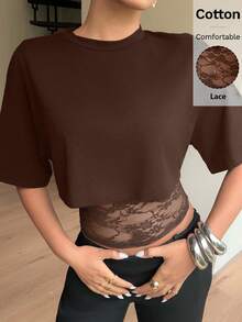 Siren Gaze Áo thun ngắn tay nữ thiết kế 2 trong 1 phối ren, kiểu dáng mùa hè Y2K, thích hợp mặc thường ngày. - Cà phê nâu - Xem 7