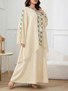 Al Najma 大码女式贴花装饰流苏系领长袖优雅阿拉伯风格连衣裙 - 杏色 - 查看 6