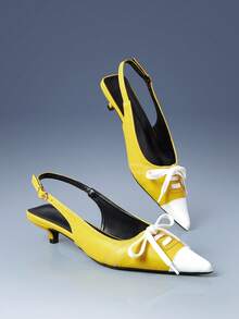 CUCCOO GRLICON 新款红白撞色尖头系带小猫跟鞋，小众设计，Y2K风格，适合春夏度假季穿着 - 黃白拼色 - 查看 3