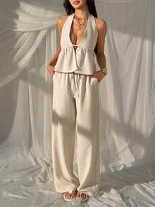 SHEIN EZwear Conjunto informal de top halter sin espalda y pantalones en color caqui - Caqui - Ver 5