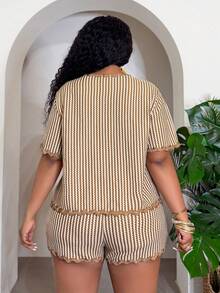 Slaydiva Spring/Summer Elegant Commute & Casual, Birthday Party, Graduation, Student, Daily Outing, Basic Versatile, Leisure, Vacation, Cruise Travel, Beach, Sunbathing, Crochet Pattern Two Pieces Set: Hip Length Top With Drawstrings And Elastic Waist Shorts - Khaki - View 4