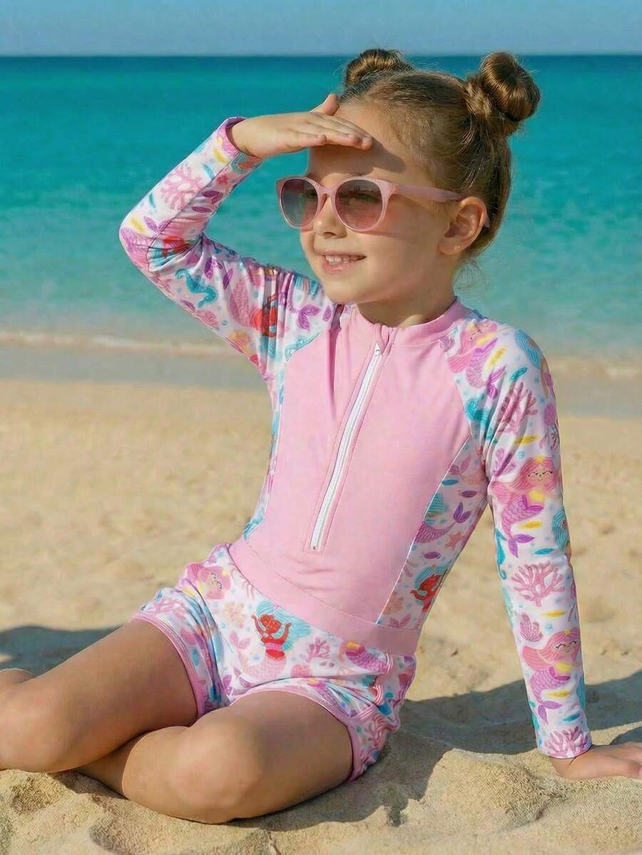 SHEIN 女童比基尼套装，新款时尚女童拼接印花泳衣套装，夏季度假泳衣带防晒衣，长袖泳衣，粉色泳装 - 淺粉色 - 查看 1