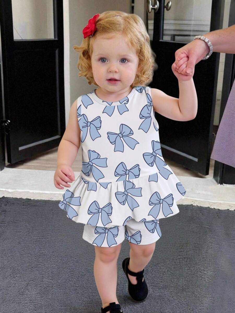 Baby Girls Blue Bow Tie Digital Print Sleeveless 2-Piece Set, Suitable For Summer Daily Wear, Outings, Travel, Vacation And Parties, Vacation Outfit - Multicolor - View 1