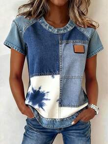 EMERY ROSE Kaos Kasual Lengan Pendek Leher Bulat Motif Denim Imitasi untuk Wanita Ukuran Besar - MultiWarna - View 1