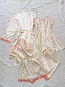 SweetSlumber 5pcs Women's Satin Patchwork Lace Floral Pajama Set, Includes Camisole Dress, Robe, Camisole, Shorts And Pants Sleepwear - Pink - View 2