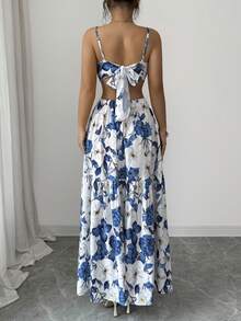 Elenzga Đầm xòe chữ A hở lưng, thắt eo, nơ rỗng, họa tiết hoa xanh trắng dành cho nữ, thích hợp cho công sở, thời trang, thanh lịch, đa năng, lãng mạn, ngọt ngào, phong cách Pháp cổ điển, đi nghỉ mát. - Nhiều màu - Xem 7