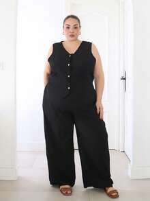 Pretty and Ole Plus Size Summer Commuter V-Neck Vest And Straight-Leg Pants Set,Business Casual Woman,Teacher Outfits For Women Spring - Black - View 4
