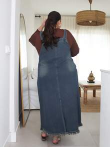 Pretty and Ole Váy Maxi Chữ A bằng vải denim rách màu tối, phù hợp cho mọi mùa - Rửa tối - Xem 2