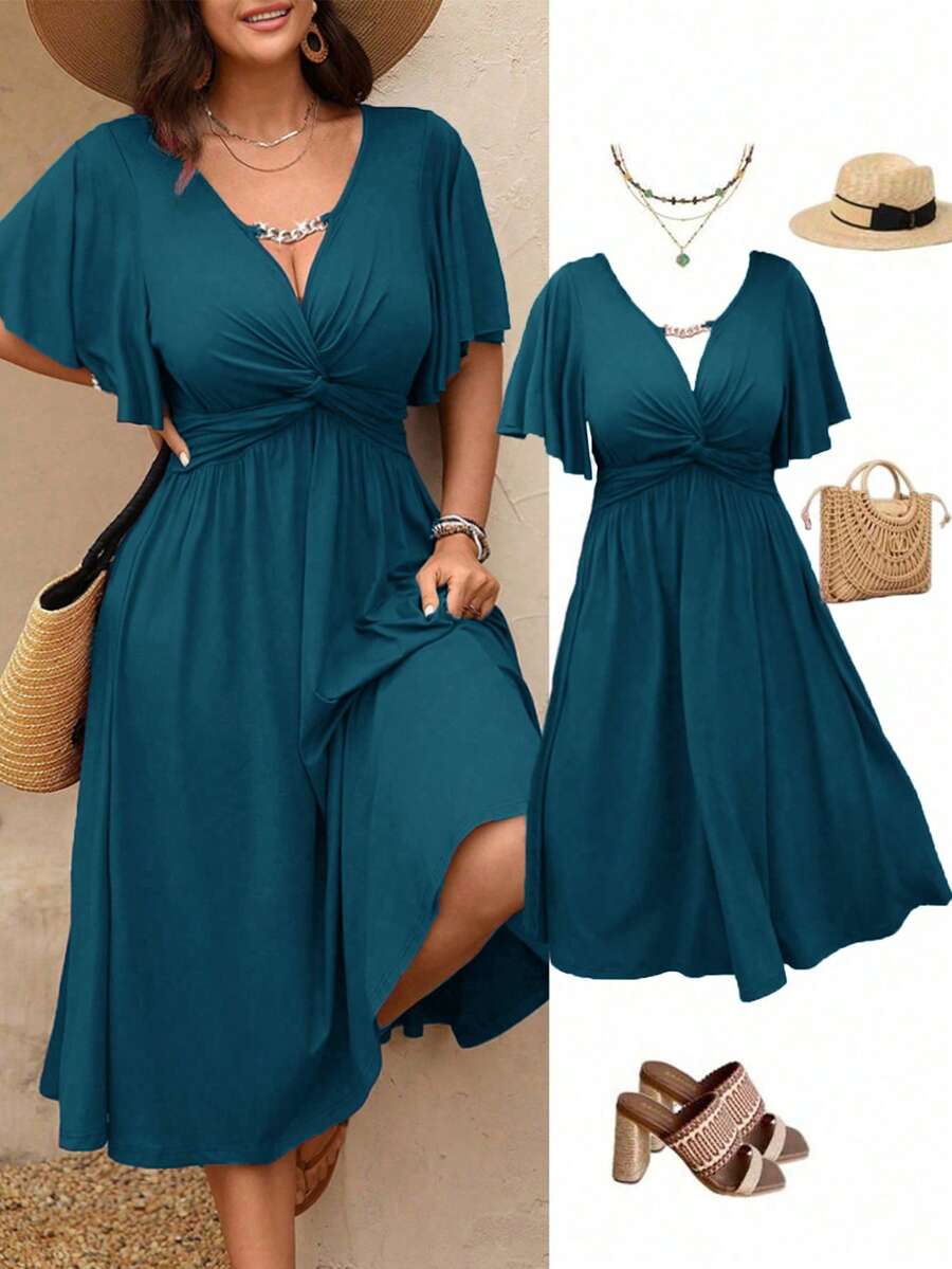 Rometta Plus Size Women's Spring/Summer Chain Link Ruffle Twist Waist Textured Knit V-Neck A-Line Midi Dress - Teal Blue - View 1