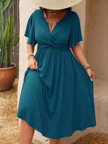 Rometta Plus Size Women's Spring/Summer Chain Link Ruffle Twist Waist Textured Knit V-Neck A-Line Midi Dress - Teal Blue - View 7