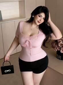Vibekara Spring, Summer, Fall Bow Elegant Lace Patchwork Crew Neck Short Sleeve T-Shirt, Sexy Casual Top For Dates And Gatherings - Pink - View 4