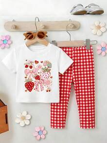 Souflis Souflis 2pcs/Set Baby Girl Outfit, Sweet & Cute Strawberry, Bow, Floral Print Short Sleeve T-Shirt And Red White Plaid Print Leggings, Suitable For Outings In Spring/Summer - Multicolor - View 5