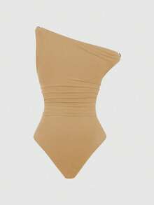 Sweetra Plus Size Women's Solid Color Asymmetric Shoulder Casual Bodysuit With Metal Decor And Ruffle, Fitted Bodysuit - Brown - View 2