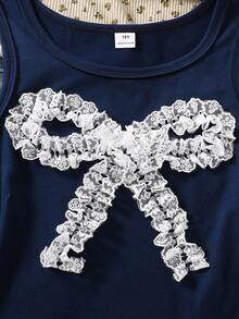 SHEIN 少女甜美可爱3D蕾丝荷叶边蝴蝶结装饰方领吊带背心，适合日常、休闲、度假、朋友聚会、春夏穿着 - 藏蓝色 - 查看 4