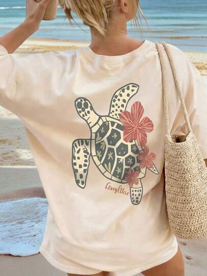 Teen GirlCasual Comfortable Vacation Style Ocean Turtle Letter Double-Sided Graphic Print Round Neck Short Sleeve T-Shirt, Suitable For Outings And Vacation In Summer