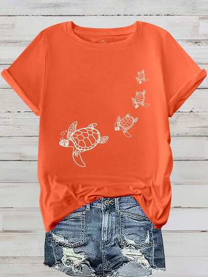 EMERY ROSE Plus Size Turtle Printed Short Sleeve Round Neck T-Shirt Graphic Tees Women Tops