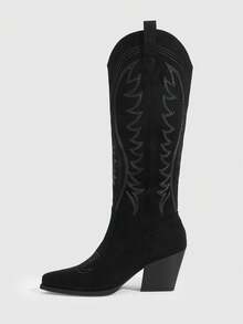 Daringsoles Giày nữ kiểu phương Tây, kiểu mới, xỏ chân, màu trơn, mũi nhọn, gót dày và đế mỏng, chống trơn trượt và thoải mái, đa năng, bốt cao cổ, bốt ống rộng, bốt thời trang, bốt phổ biến, bốt cao đến đầu gối, thích hợp cho các lễ hội âm nhạc và Halloween. - màu đen - Xem 4