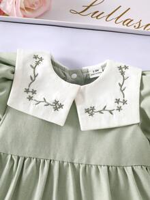 SHEIN Robe à manches courtes bouffantes rose pour bébé fille nouveau-né printemps/été, avec col claudine brodé, jupe à bordure en dentelle, style mignon et doux de princesse, tenues pour bébé fille nouveau-né - Vert - Voir 7
