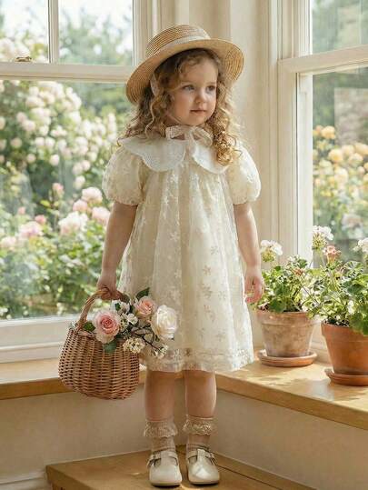 Souflis Souflis Baby Girls Spring/Summer Elegant Daily Wear Dress, Floral Collar Design, Cute Puff Sleeve, Loose A-Line Lace Mesh Dress, Soft Fabric Suitable For Baby Delicate Skin