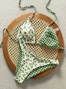 Swim Mod Bộ bikini hai mảnh mùa hè mới về dành cho nữ, họa tiết hoa và kẻ caro, kiểu dáng tam giác buộc dây cổ, thích hợp cho kỳ nghỉ biển. - Nhiều màu - Xem 6