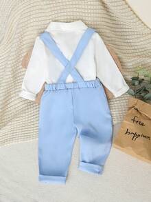 SHEIN 2pcs Baby Boys Formal Gentleman Style Outfit Set, Including White Long Sleeve Collared Shirt With Bow Tie And Casual Suspender Pants, Fashionable Elegant Handsome, Suitable For Birthday Party, Ceremony, Performance, Wedding, Christening And Celebration Events, Spring/Autumn - Blue - View 2