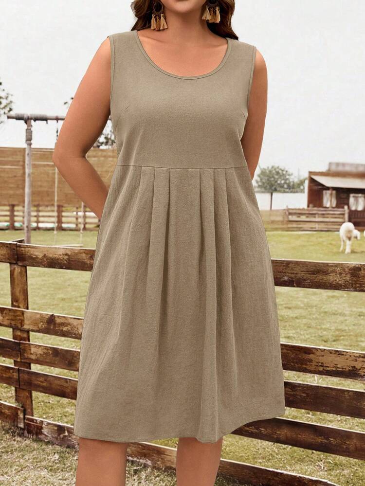 Plus Size Women's Summer Casual Vacation Country Solid Color Round Neck Casual Sleeveless Dress,Summer Outfits For Women ,Vacation Outfits Women ,Holiday Outfits For Women,Going Out Outfits,2026 New Clothes,Simple And Fashionable For Everyday Wear,Suitable For Summer, Vacation, Daily Wear, Festival Outfits For Women,Country Concert Outfit,Beach Outfits For Women,Western Style,Flowy Dress