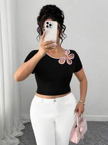 Elenzga Plus Size Elegant Contrast Trim Hollow Out Round Neck Short Sleeve Fitted T-Shirt, Summer - Black - View 5