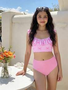 少女比基尼套装，可爱女孩度假学院风休闲粉色条纹蝴蝶结针织面料荷叶边装饰吊带两件式泳衣，时尚优雅女士适合游泳、夏季度假、海滩、泳池、假日派对 - 粉色 - 查看 1