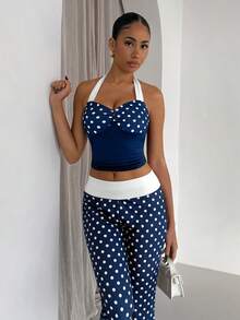 SHEIN Glamour 两件套白色宝石色波浪点性感露背无袖上衣裤套装，街头风、演唱会套装、夜店套装、约会套装、优雅套装、舞会套装、锐舞套装、女士生日套装、派对必备、基础套装、外出套装、休闲针织套装、毕业季套装 - 彩色 - 查看 3