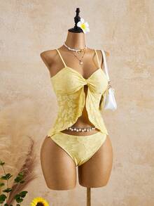 Bellisia 2022 Spring/Summer Women's Beach Outfit, Women's Camisole Strap Bikini 2-Piece Set, Beach Vacation INS Sexy Chic Fresh Sweet 3D Floral Texture Fabric, Elegant Romantic Twist Spaghetti Strap, Ruffle Hem, Detachable Straps, Reversible Camisole Bikini Set - Light Yellow - View 3