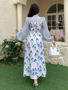 Feyla Đầm nữ tay phồng họa tiết hoa, dáng dài ngang gối, thanh lịch. - Xanh và trắng - Xem 2