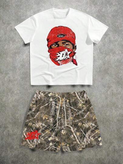 Manfinity ZONE917 Conjunto de camiseta de manga corta con estampado gráfico de rostro y pantalones cortos con estampado de ramas para hombre