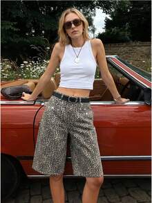 Anewsta 镶满水钻的豹纹中长短裤 百慕大短裤 女士豹纹短裤 女士长款短裤 动物纹短裤 猎豹短裤 - 黑色 - 查看 1