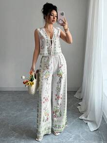 Elenzga Women's Floral Print Tie Front Vest And Pants Casual 2 Pieces Set - Multicolor - View 1