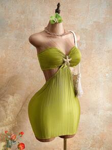 Mistrie Women Olive Green Metal Starfish Decor Hollow Out Pleated Bandeau Mini Dress,Summer 70s Retro Party Vacation Holiday Y2K Style Luxury Evening Gown - Green - View 3