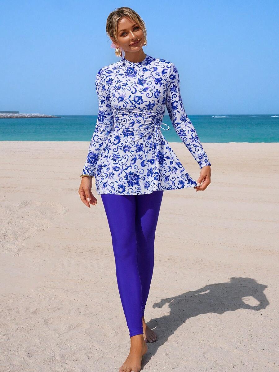 Swim Mulvari Mature Middle Eastern Print Drawstring Long Sleeve Top And Pants Women's Summer Burkini 2 Pieces Set - Multicolor - View 1