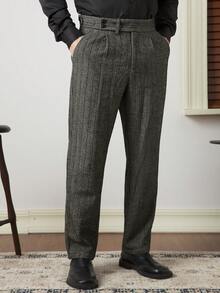 Core Aspect Pantalones casuales de hombre con cremallera, cinturón de cuero, textura de espina de pescado, pierna recta, pantalones de traje con pliegues, pantalones de vestir a rayas, pantalones de cintura alta para ceremonia - Multicolor - Ver 4