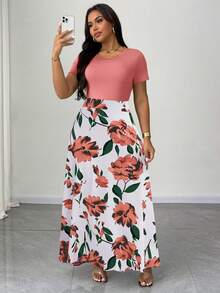Maweii Robe longue à manches courtes avec taille cintrée, imprimé floral, col rond, pour femmes grandes tailles, printemps/été. Robe décontractée élégante pour les loisirs, les vacances et les déplacements. Robes décontractées pour femmes. - Rose bonbon - Voir 4