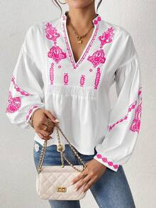 SHEIN LUNE Women's Shirred Graphic Print Long Sleeve Button Shirt Peplum Top Fall Cloth For Women - Hot Pink - View 6