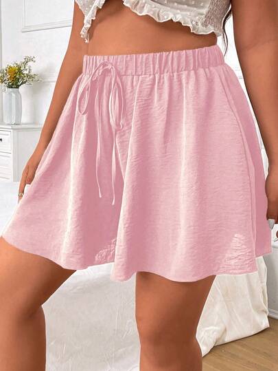 Ceyna Plus Size Women's Solid Color Tie Waist Loose Wide Leg Shorts