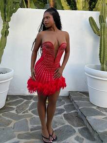 Tyla Gomez 女士水钻装饰深V领无袖迷你连衣裙，毛绒下摆，派对装 - 紅色 - 查看 6