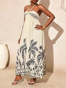 BamGleam Women's Palm Tree Print Dress, Vacation Style - Black and White - View 3