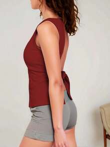 INAWLY 女士极简性感露背吊带衫 - 酒紅色 - 查看 4
