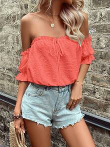 Breezaya Blusa de mujer con volantes, hombros descubiertos y nudo delantero, de unicolor, para vacaciones - Rosado Sandía - Ver 3
