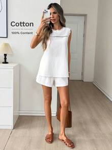 Easowa 100%纯棉圆领蕾丝拼接无袖衬衫搭配松紧腰阔腿短裤，A字休闲宽松优雅通勤度假套装，女士春夏款 - 白色 - 查看 5