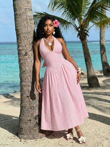 Slaydiva 优雅法式格纹V领露背长裙，是夏季度假的完美之选 - 粉色 - 查看 5