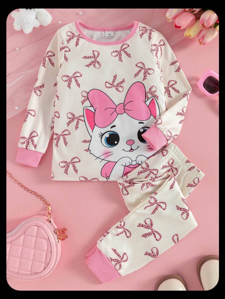 Genkimix Kids 2pcs/Set Young Girls Pink Minimalist Cat & Bow Print Long Sleeve Pajamas - Baby Pink - View 1