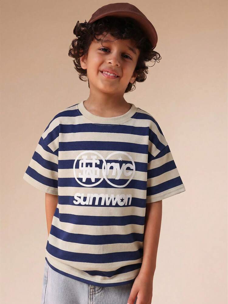 Camiseta de cuello redondo a rayas de gran tamaño con estampado de texto